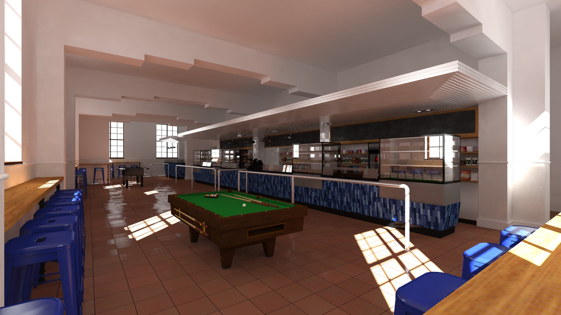 Mosé Interior Spaces • SACS boys school canteen hall • inspiration drawn from the schools logo and branding. Blue tiled counter fronts with white timber canopy, an counter ledge around the perimeter and blue barstools, with a billiard table