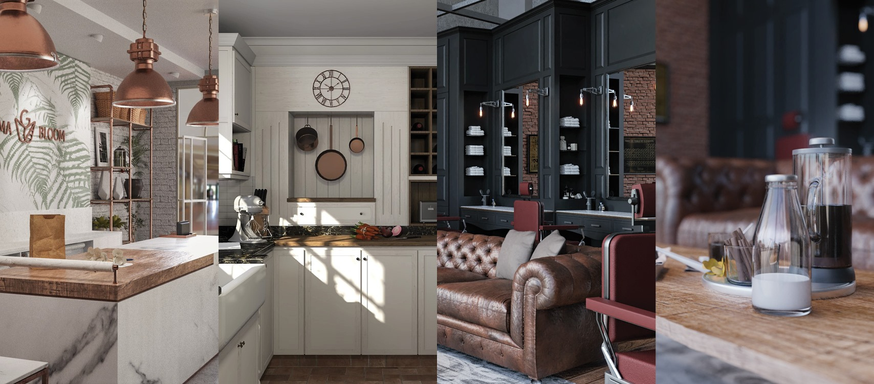 Mosé Interior Spaces • an image of a florist, a white farmhouse kitchen with timber accents and lots of wine bottles on a butchery block counter, an industrial styled babershop