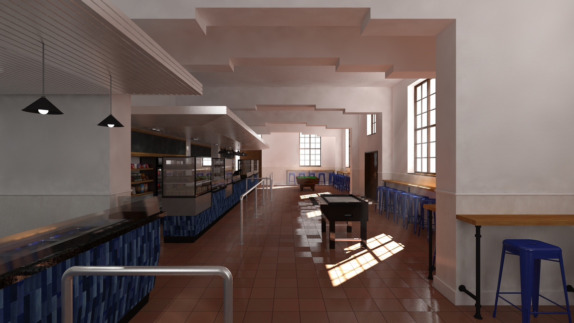 Mosé Interior Spaces • SACS boys school canteen hall • inspiration drawn from the schools logo and branding. Blue tiled counter fronts with white timber canopy, an counter ledge around the perimeter and blue barstools, with a foosball table