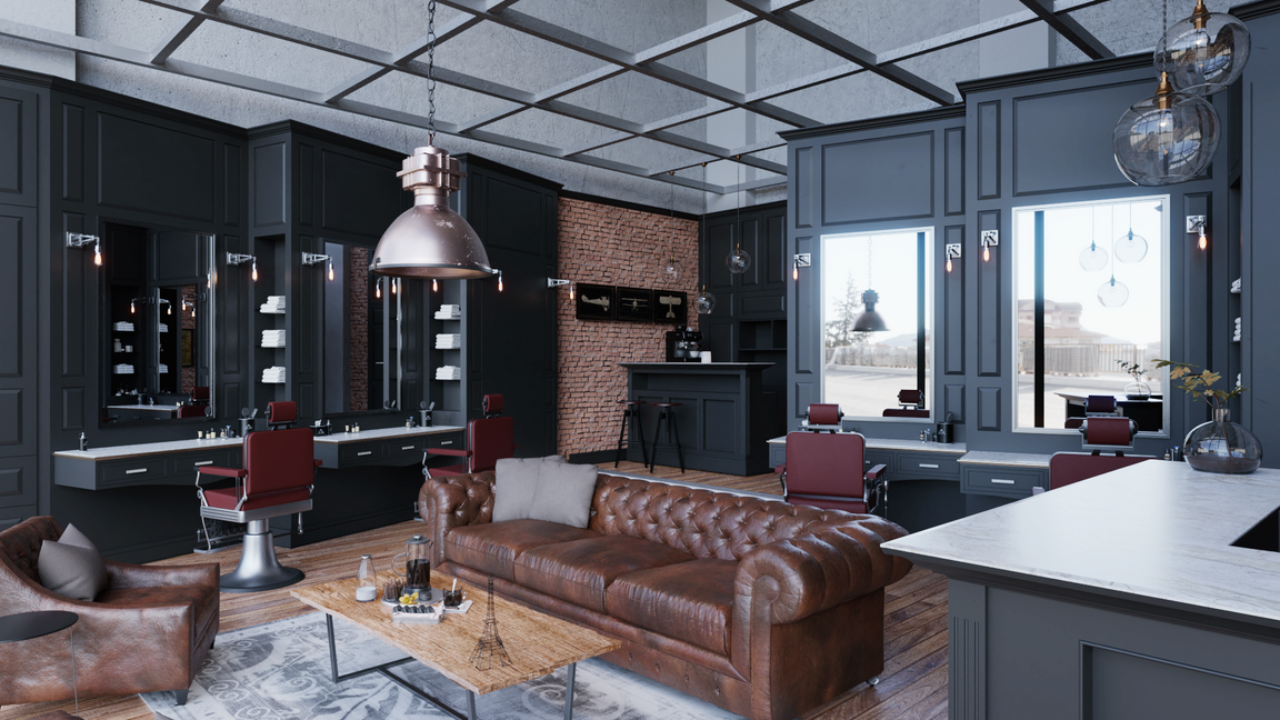 Mosé Interior Space • Barber shop • Industrial styled barber shop with charcoals and deep kidney reds, browns and brick accents catering to masculine men