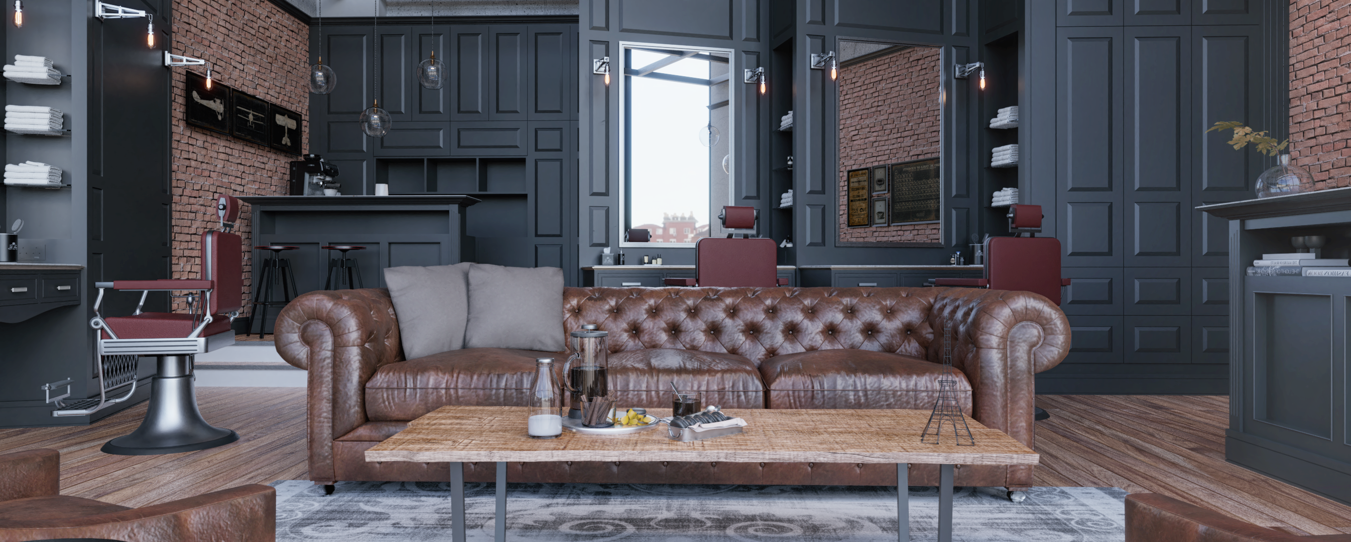 Mosé Interior Space • Barbershop • Industrial styled waiting area with leather chesterfield sofa and timber coffee table