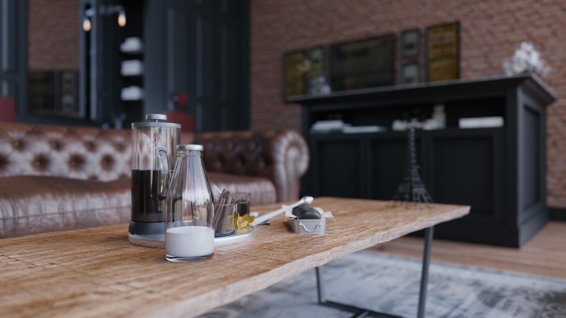 Mosé Interior Space • Barbershop • waiting area with chesterfield sofa, wooden coffee table and industrial design setting